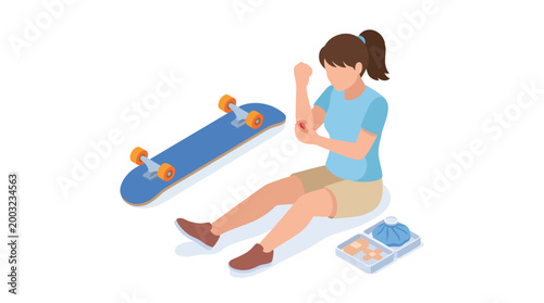 Quadro su tela A young girl is seated with a skateboard beside her, tending to a minor injury on her arm, illustrating resilience and the learning curves associated with sport activities