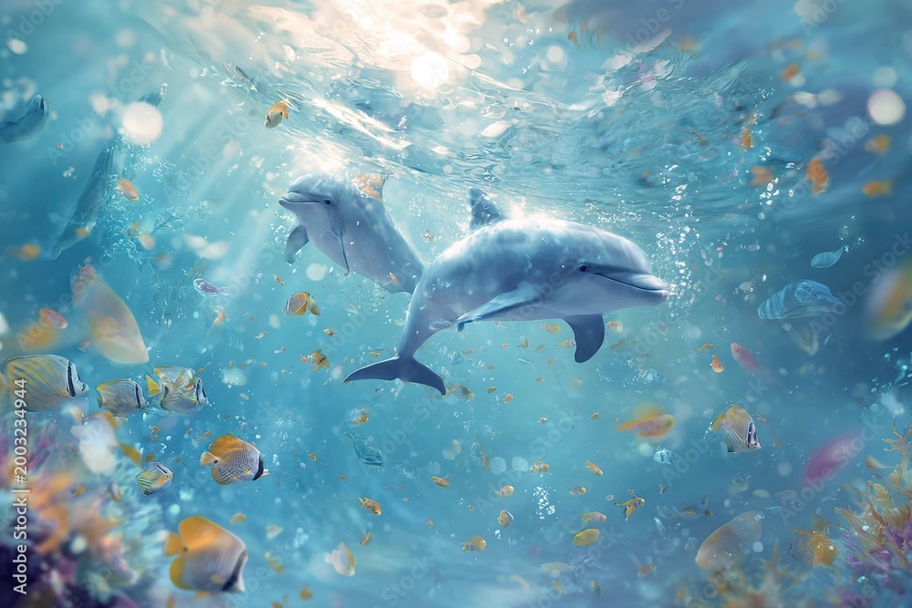 Fototapeta premium playful underwater scene with dolphins and fish