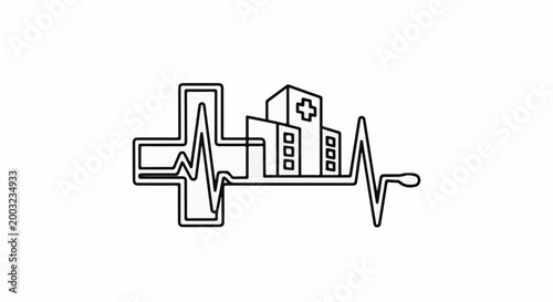 Medical building with heartbeat line and plus sign symbol