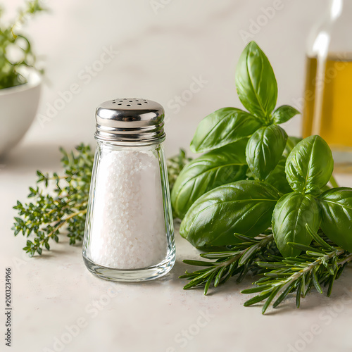 Premium ultra-realistic nutrition and wellness concept featuring a glass sea salt shaker paired with fresh basil, rosemary, and aromatic herbs in a bright kitchen environment.