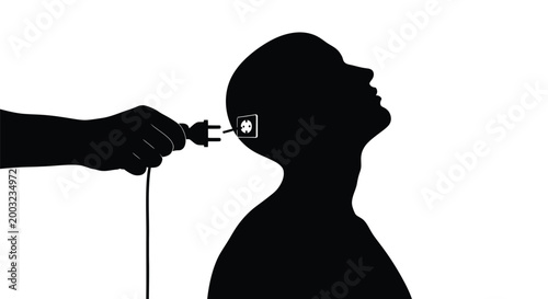 Silhouette vector illustration of a human head being connected to a power source with electric cord