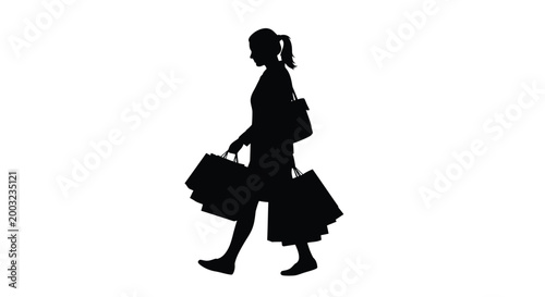 Minimalist vector illustration of a stylish woman carrying many shopping bags while walking during daytime