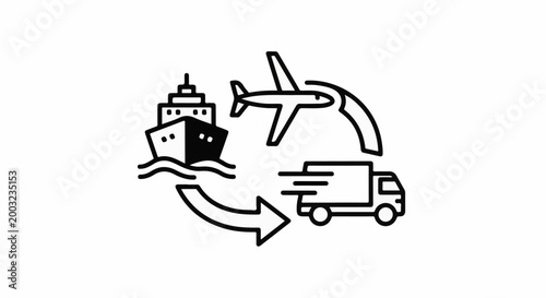 Logistic cycle icon showing ship, plane, and truck with arrows