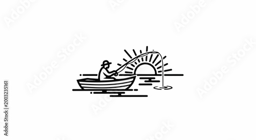 Lone angler casts line from boat at sunrise, ocean waves, black outline