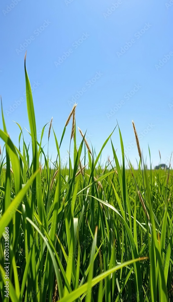 Obraz premium Lush green grass swaying gently in a serene meadow landscape under a bright blue sky, illustration, calm