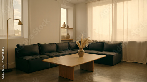 Foto A spacious living room featuring a large dark sectional sofa, a light wooden coffee table with a vase of pampas grass, and sheer curtains by windows