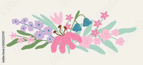 Pastel flat floral bouquet with pink lily, bluebell, tulip, lavender flowers and mint leaves. Delicate hand drawn style spring wildflower horizontal arrangement vector illustration on light background