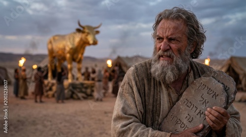 Dramatic biblical cinematic scene showing an angry prophet Moses holding stone tablets of the ten commandments looking at ancient israelites worshipping a false idol golden calf in the desert camp
