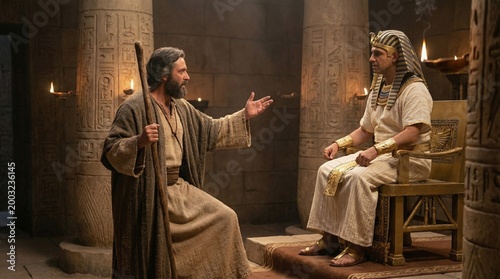 Dramatic biblical scene depicting historical prophet Moses wearing rustic robes holding a wooden staff while speaking directly with an Egyptian Pharaoh sitting on a golden throne in a temple