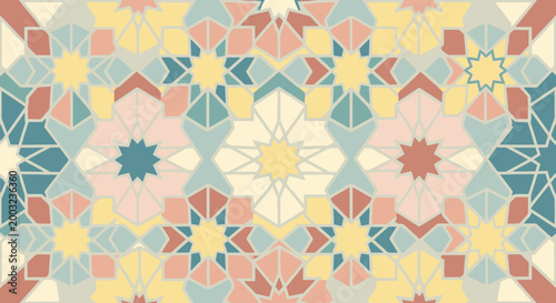 Vibrant Geometric Pattern with Floral Motifs and Hexagons