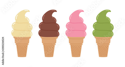 Soft serve ice cream cones set in four flavors. Vector illustration of vanilla, chocolate, strawberry, and green tea ice cream isolated on white background. Sweet summer dessert collection.