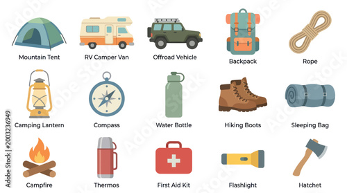 Flat Camping Icons Set: Tent, RV, Backpack, Hatchet, Torch, Boots
