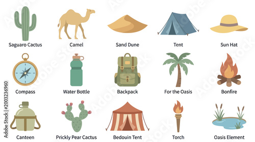 Desert Camping Icons: Saguaro, Camel, Tent, Compass, Oasis