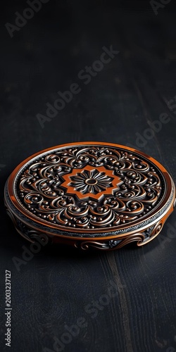 Round wooden platform with intricate carvings on a dark surface, studio, form.
