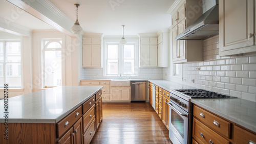 Spacious and bright kitchen with white subway tile backsplash, stainless steel appliances, wooden cabinets, and a large marble island, perfect for modern home cooking and entertaining guests.