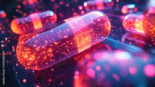 Illuminated pills on a dark surface. Medical futuristic concept