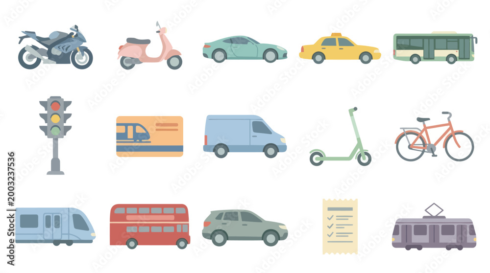 Fototapeta premium Flat Design Transportation Icons: Cars, Bikes, Buses, Trains, Scooter, Taxi