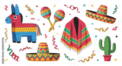 Collection of Mexican holiday elements including a colorful donkey pi�ata, maracas, sombreros, poncho, and potted cactus.