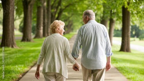 Φωτογραφία Senior couple walking along tree lined path in park holding hands while enjoying sunset stroll in peaceful nature setting surrounded by lush green foliage during golden hour calm afternoon exercise