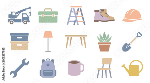 Flat Icons Set: Construction, Home Improvement Tools, and Everyday Household Objects