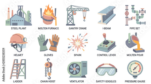Industrial Equipment Icons: Steel Plant, Crane, Helmet, Tools, Safety Gear Flat