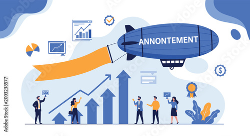 Blue blimp with the text annontement flies above a group of professionals and a rising financial bar chart.