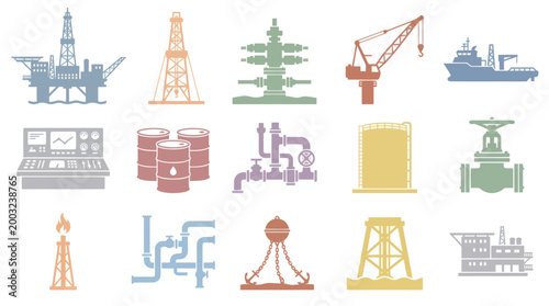 Oil and Gas Industry Icons: Offshore Rig, Crane, Ship, Control Panel, Barrels, Valves