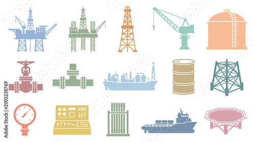 Flat Icons Set of Oil and Gas Industry Equipment and Machinery