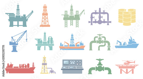 Offshore Oil and Gas Industry Icons: Platforms, Rigs, Ships, and Equipment