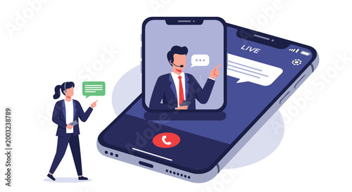 Digital marketing concept shows a professional man delivering a live video presentation on a large smartphone screen.