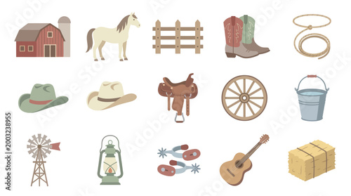 Western Cowboy Icon Set: Barn, Horse, Boots, Guitar, Haystack Flat Style