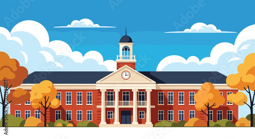 Beautiful red brick school building features a classic clock tower and white pillars surrounded by trees in autumn colors.