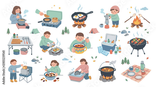 Camping food preparation flat illustration with people cooking outdoors