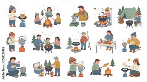 Cute Cartoon Camping and Outdoor Cooking Flat Vector Illustrations