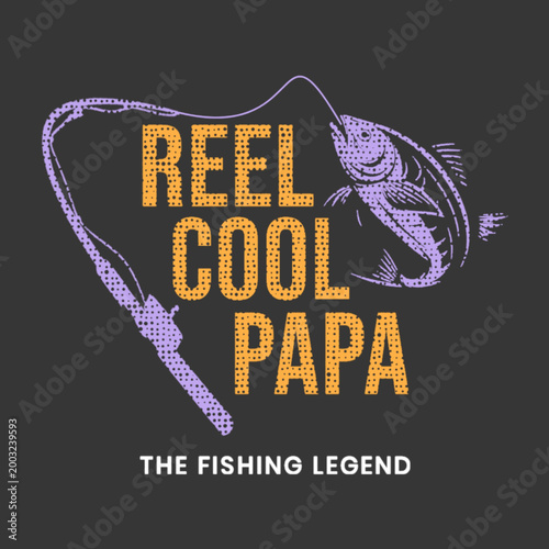 Schilderij op canvas Bold retro fishing design featuring a rod and jumping fish with the phrase “Reel Cool Papa – The Fishing Legend,” perfect for anglers and dads who love outdoor adventures