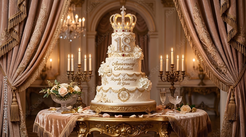 Obraz premium Elegant 18th anniversary cake with gold crown topper in a luxurious royal ballroom setting