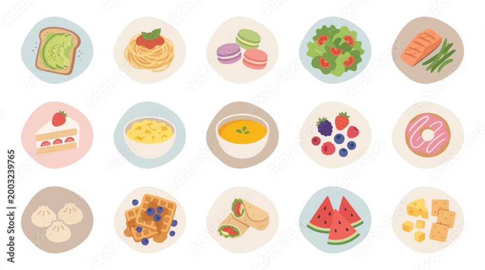 Fototapeta premium Flat Vector Icons of Various Delicious Foods, Sweet Desserts, and Healthy Meals