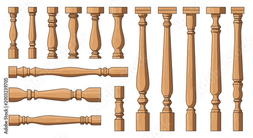 Detailed collection of many different wooden balusters in various traditional and ornate shapes for stairs and railings.