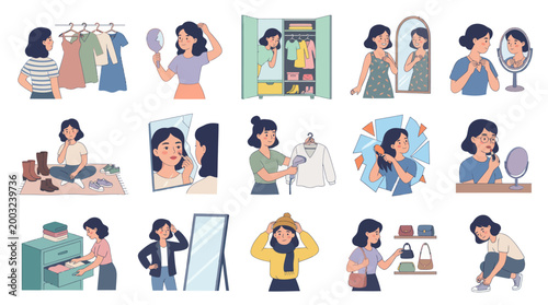 Flat illustration of woman preparing her outfit and makeup for the day