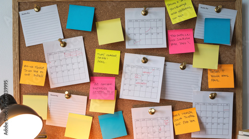 Tableau sur toile cork board filled with various paper notes and calendar sheets pinned with pushpins creating a colorful and organized display for reminders and events