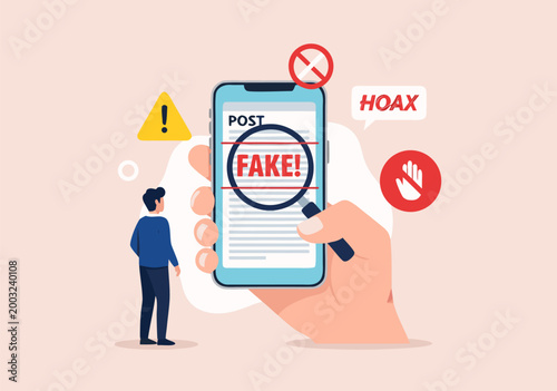 Fake news detection concept vector illustration showing a person analyzing a smartphone screen with a magnifying glass on the word 'fake'