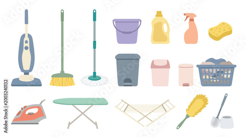 Household Cleaning Supplies Tools Flat Vector Icon Set
