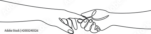 Continuous one line drawing of two hands touching fingers in a minimalist style, representing connection, support, and human touch symbol.