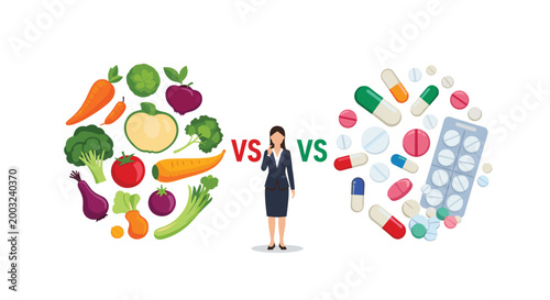 Woman stands between a circle of fresh vegetables and a circle of pills to represent the choice between natural health and medical treatments.