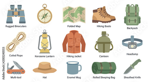 Flat Design Icons of Camping and Hiking Gear, Outdoor Adventure Equipment