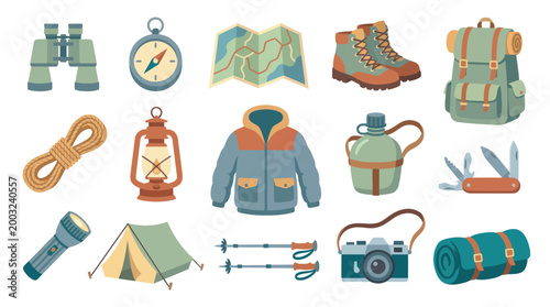 Flat Design Camping Gear and Outdoor Adventure Equipment Icons Set