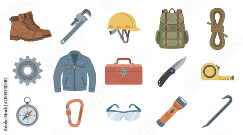 Flat Design Icons for Construction and Outdoor Work Gear