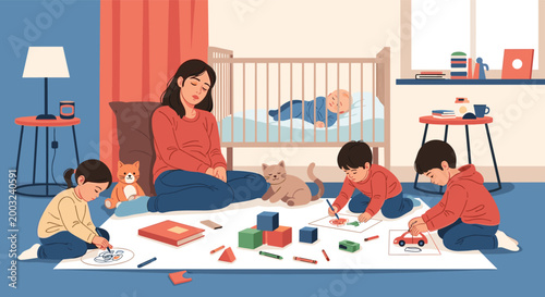 Tired mother sits on the floor of a messy playroom surrounded by her four children who are playing, drawing, and sleeping peacefully in a cot.