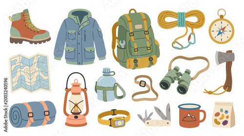 Flat Vector Illustration of Camping and Hiking Gear Essentials
