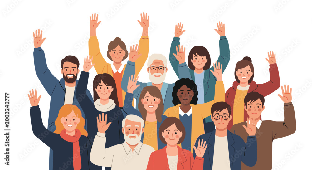 Obraz premium Diverse group of men and women from different backgrounds stand together with their hands raised and waving to show joy and community unity.